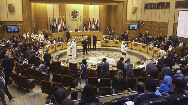 Arab Foreign Ministers and their delegations attend the Arab Foreign Ministers' meeting at the Arab League headquarter in Cairo