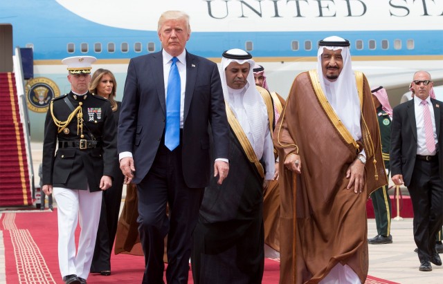 Saudi Arabia's King Salman bin Abdulaziz Al Saud welcome U.S. President Donald Trump during a reception ceremony in Riyadh